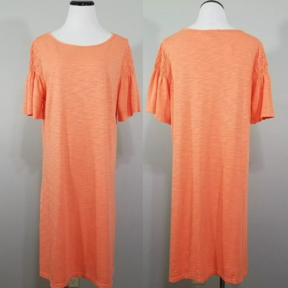 Nwt Talbots Slub Knit T-Shirt Dress XLP Orange Smocked Flutter Sleeve Shift $79